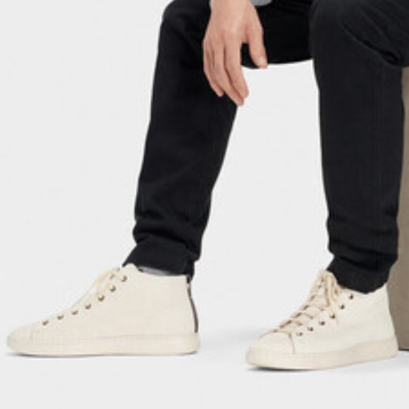 UGG Pismo High Top Sneakers Leather Faux Fur Lace Up Bone White Men's Size 7 NEW - Picture 1 of 7
